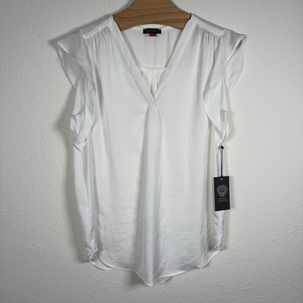 NWT Vince Camuto Women's Size S White V-Neck Ruffle Sleeve Satin Top